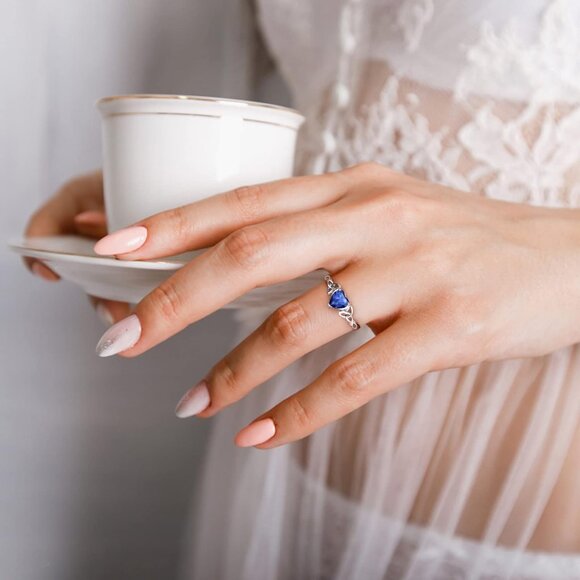 925 Sterling Silver Good Luck Celtic Twisted Knot/Claddagh Heart Birthstone Ring - Picture 3 of 7